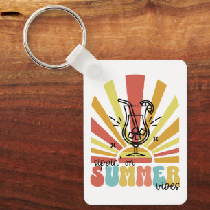 Sipping On Summer Vibes, Retro Sun, Cocktail Glass Keychain