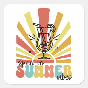 Sipping On Summer Vibes, Retro Sun, Cocktail Glass Square Sticker