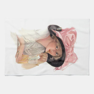 Sipping Soda Girl in Hat Kitchen Towel