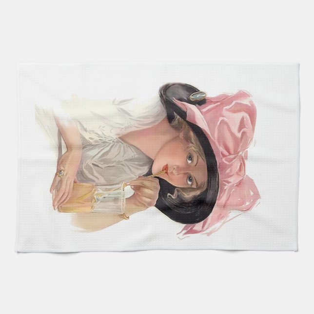 Sipping Soda Girl in Hat Kitchen Towel (Horizontal)