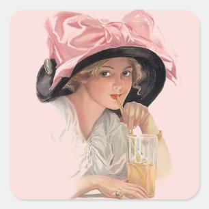 Sipping Soda Girl in Hat Square Sticker