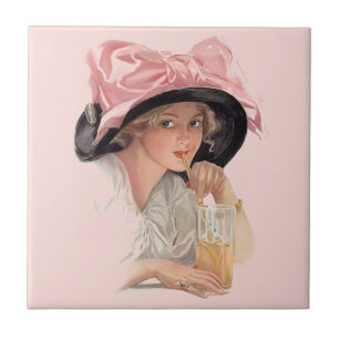 Sipping Soda Girl in Hat Tile