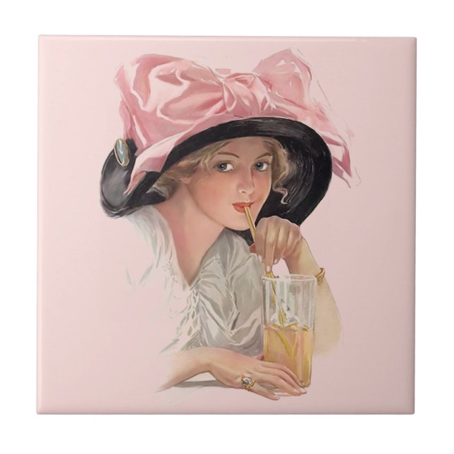 Sipping Soda Girl in Hat Tile (Front)