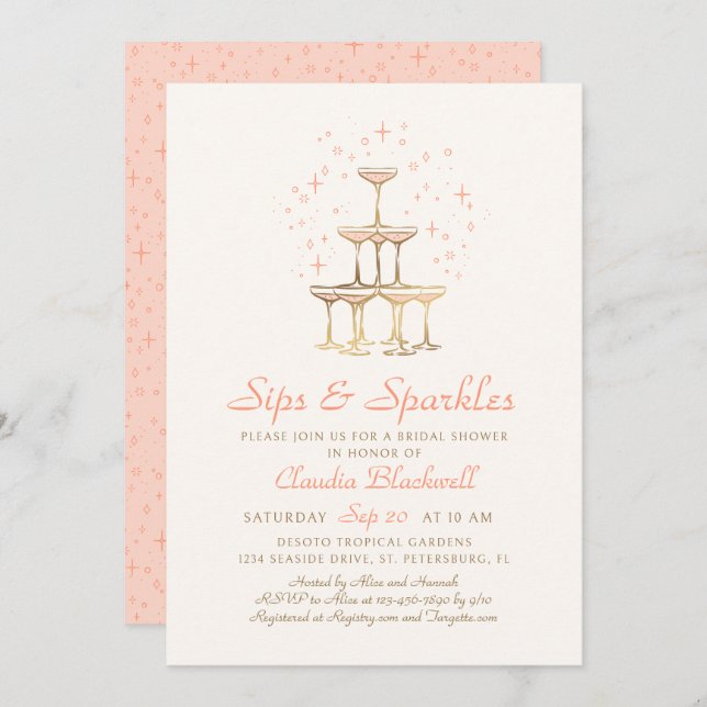 Sips Sparkles Champagne Bridal Shower Invitation (Front/Back)