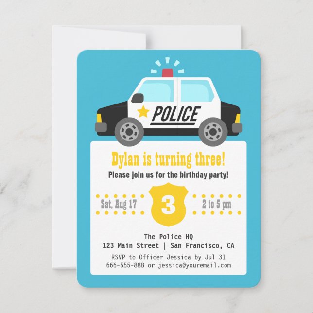 Siren Police Car Kids Birthday Party Invitation (Front)