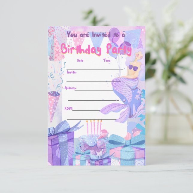 sirena, mairmade, birthday girl party invitation  (Standing Front)