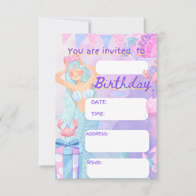 sirena, mairmade, birthday girl party invitation  (Front)