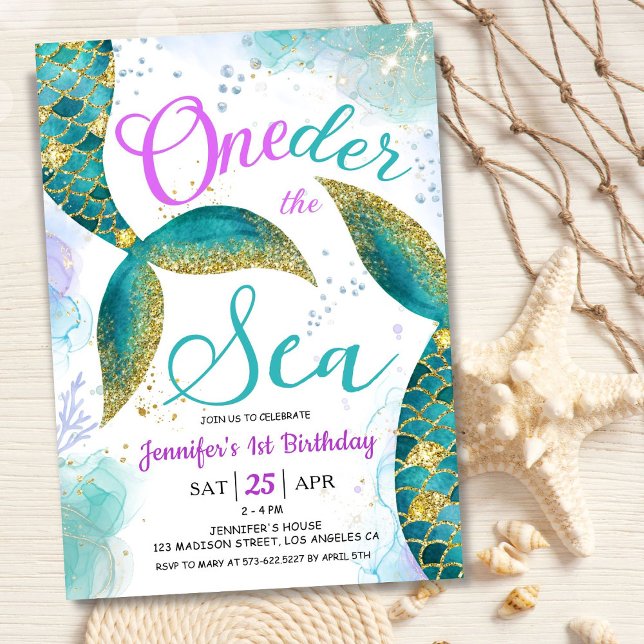 Sirène 1er anniversaire Invitation de fête ONEder  (Créateur téléchargé)