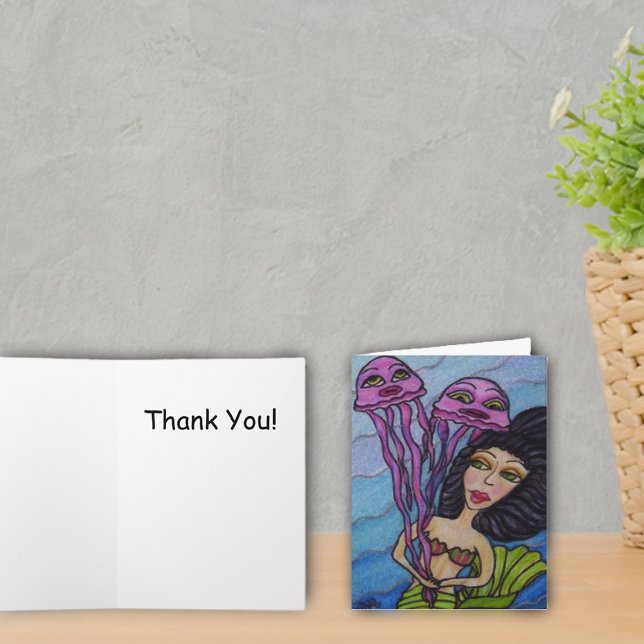 Sirène Avec Carte de remerciements De Méduse (Dark haired mermaid with purple jellyfish on blue thank you cards.)