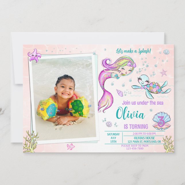 Sirène et invitation d'anniversaire de tortue avec (Devant)