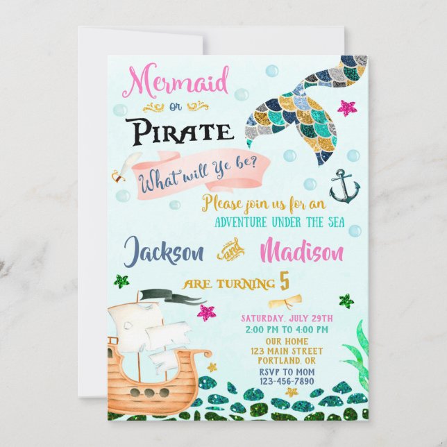 Sirène et Pirate invitation anniversaire garçon fi (Devant)