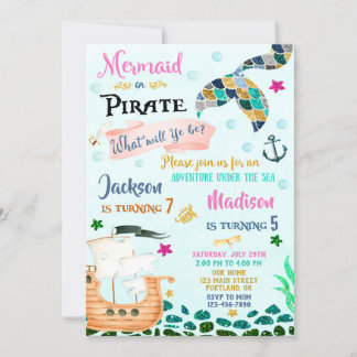 Sirène et Pirate invitation anniversaire garçon fi