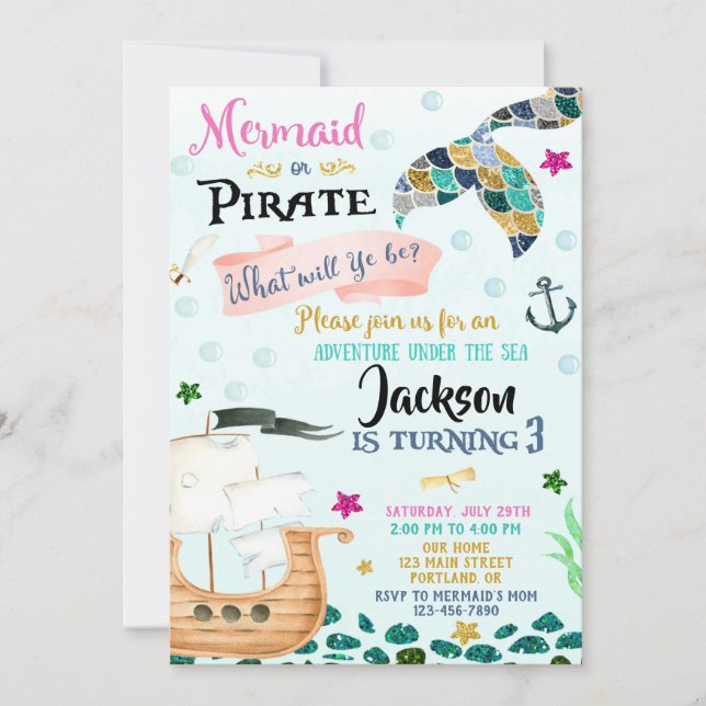Sirène et Pirate invitation anniversaire garçon fi (Devant)