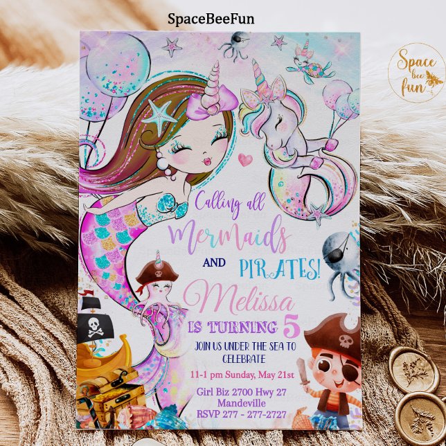 Sirène et Pirates Invitation Anniversaire Unicorne (Créateur téléchargé)