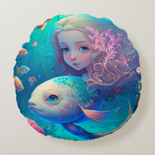 Sirène nageant avec poisson mignon coussin rond