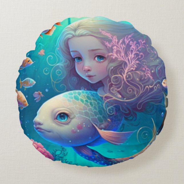 Sirène nageant avec poisson mignon coussin rond (Devant)