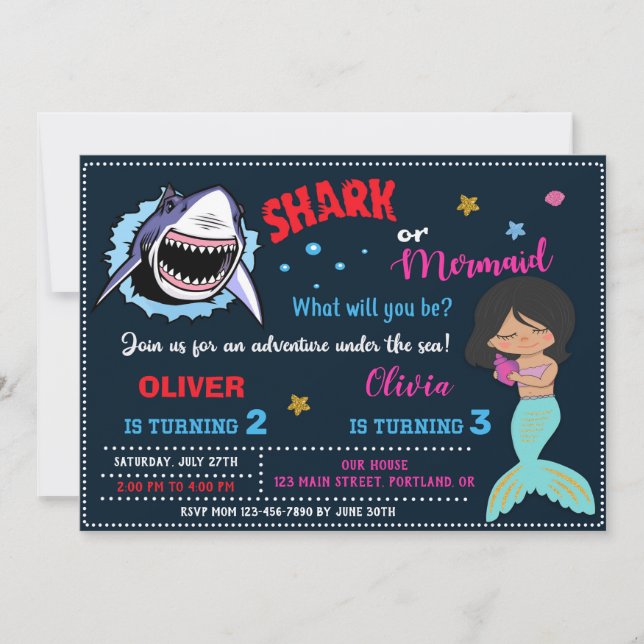 Sirène ou requin invitation anniversaire Attaque d (Devant)