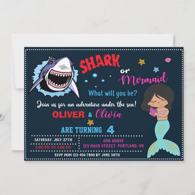 Sirène ou requin invitation anniversaire Attaque d (Devant)