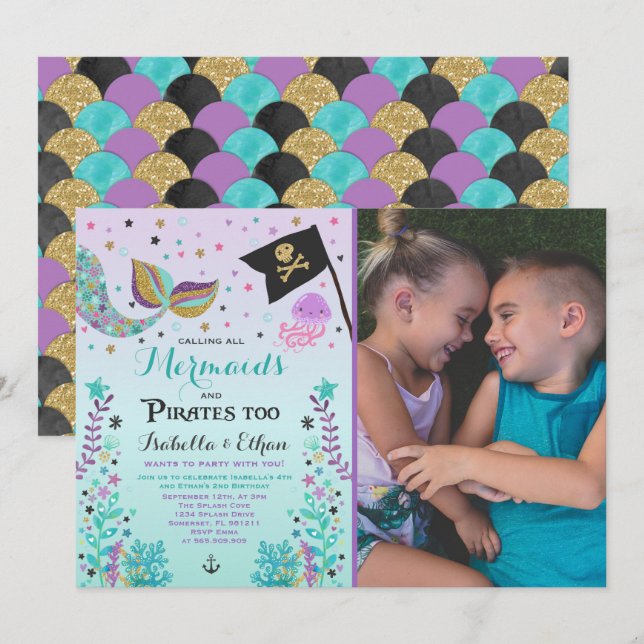 Sirène & Pirate Anniversaire Fille Invitation (Devant / Derrière)