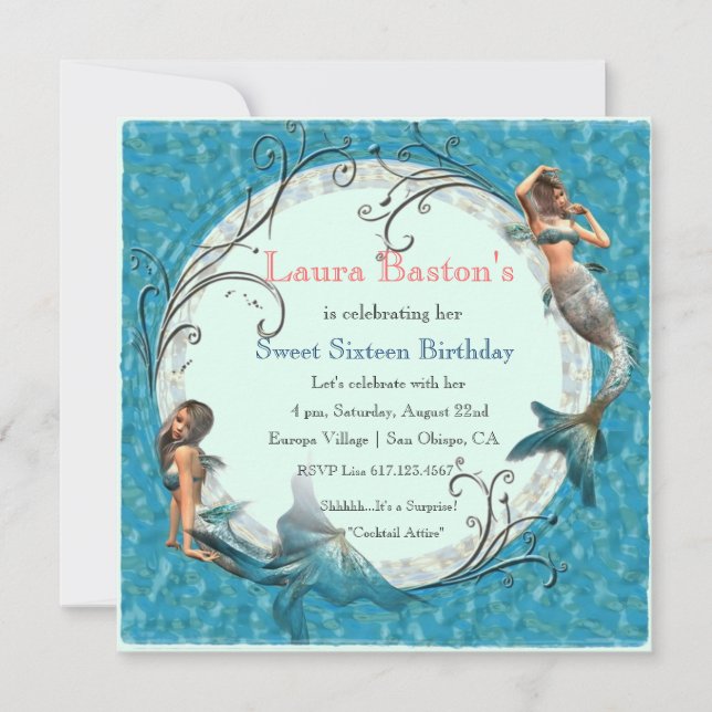 Sirène Turquoise bleu doux 16 Invitations d'annive (Devant)
