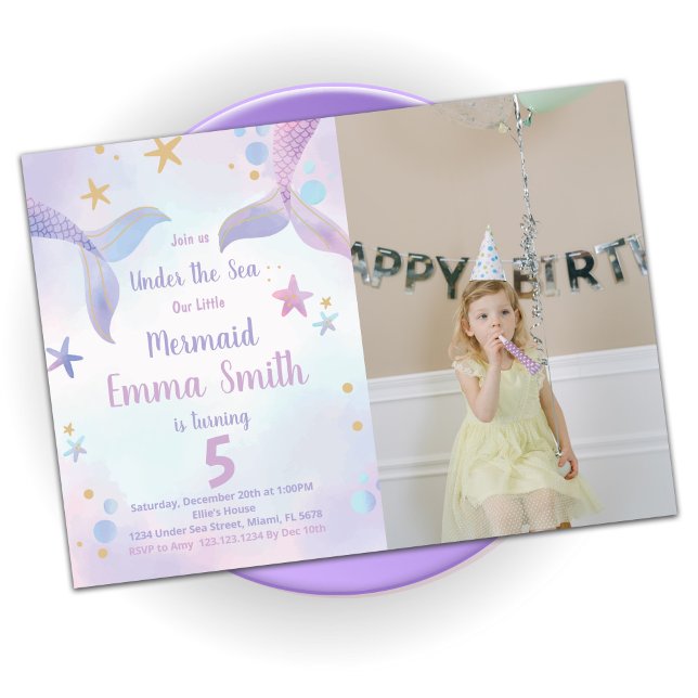 Sirène violet rose Invitations Anniversaire W Phot (Créateur téléchargé)