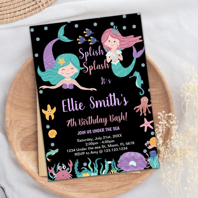 Sirènes noires sous la mer Invitations d'anniversa (Black Mermaids Under the sea Birthday Invitations)