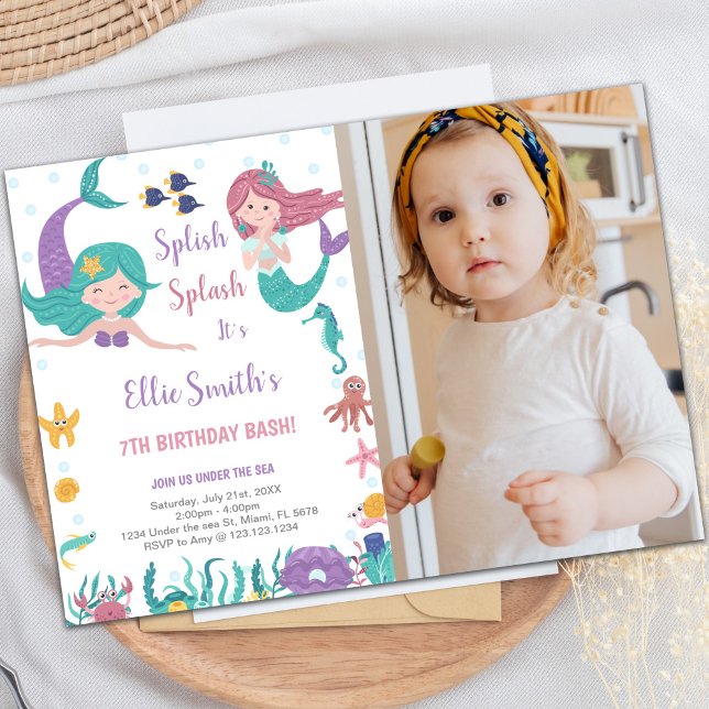 Sirènes sous la mer Anniversaire Invitation Photo (Mermaids Under the sea Invitations with photo)