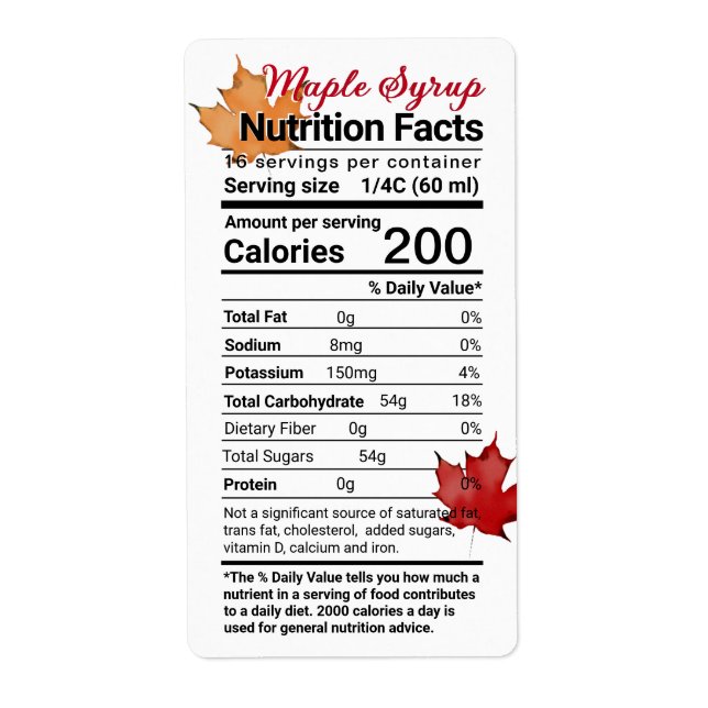 Sirop d'érable - valeur nutritive avec Feuille (Devant)