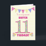 Sister 11th Birthday Primroses and Bunting Card<br><div class="desc">A pretty 11th Birthday card for your sister, with polka dot bunting, primrose flowers and numbers filled with a primrose pattern, all on a pale yellow check gingham background. The front cover message is, 'To a very special SISTER 11 TODAY!' The inside message is just a suggestion and you can...</div>