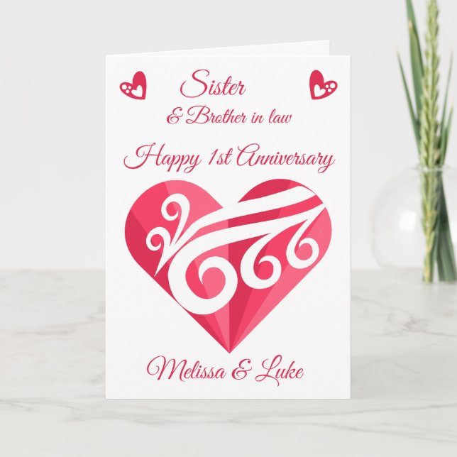 Sister 1st Wedding Anniversary Pink Heart Card (Front)