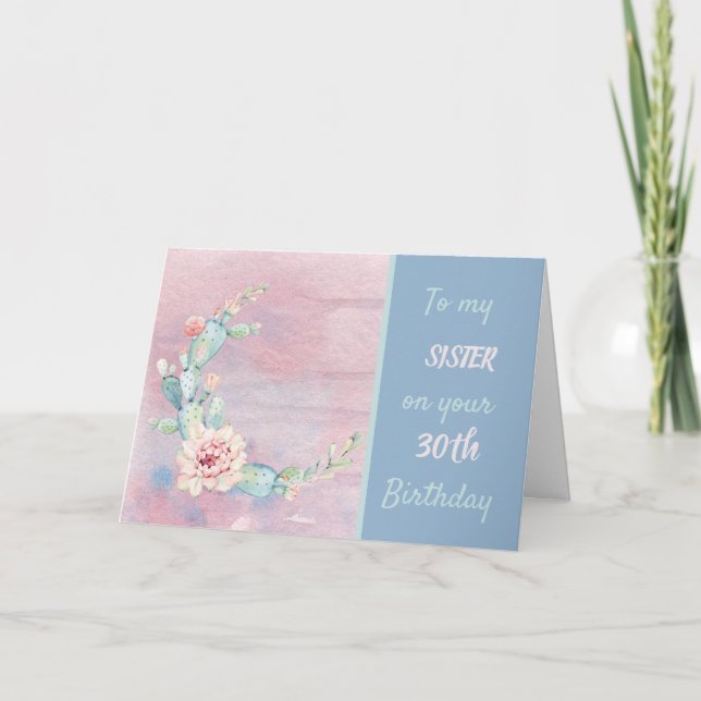 Sister 30th Birthday Watercolor Cactus Card (Front)