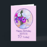 Sister, 70th birthday with painted flowers. card<br><div class="desc">A simple but elegant 70th birthday card for a sister,  with a flower painting. A painting of a vase of flowers is framed in daisies. The whole is on a delicate pink background. The inside message can be changed to your requirements.</div>