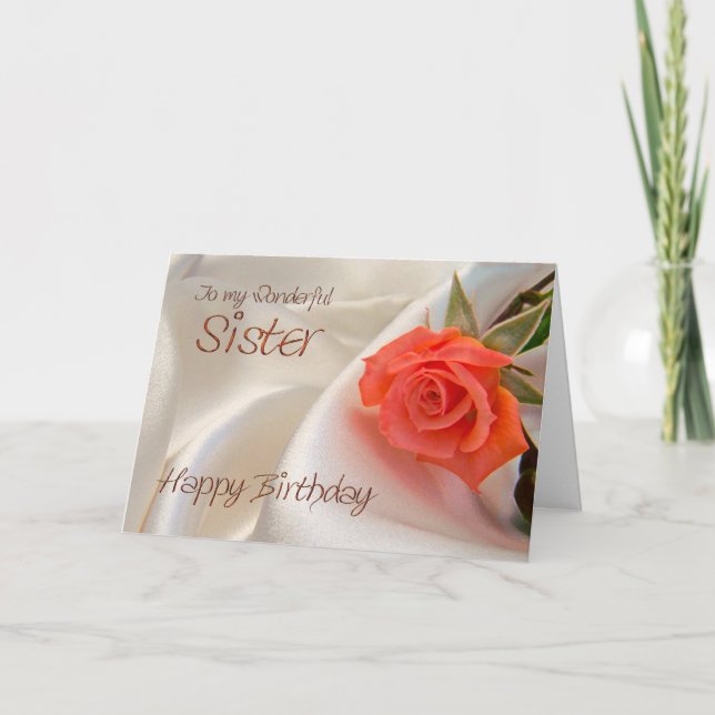 Sister, a birthday card with a pink rose (Front)