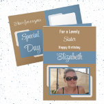 Sister add name photo blue brown birthday card<br><div class="desc">For a lovely sister birthday card.
Personalize this Greetings Card with a photo and a name.
Designed in blue, brown and cream.</div>