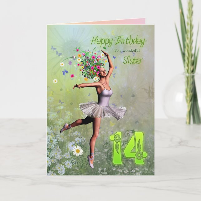 Sister age 14, flower fairy birthday card (Front)
