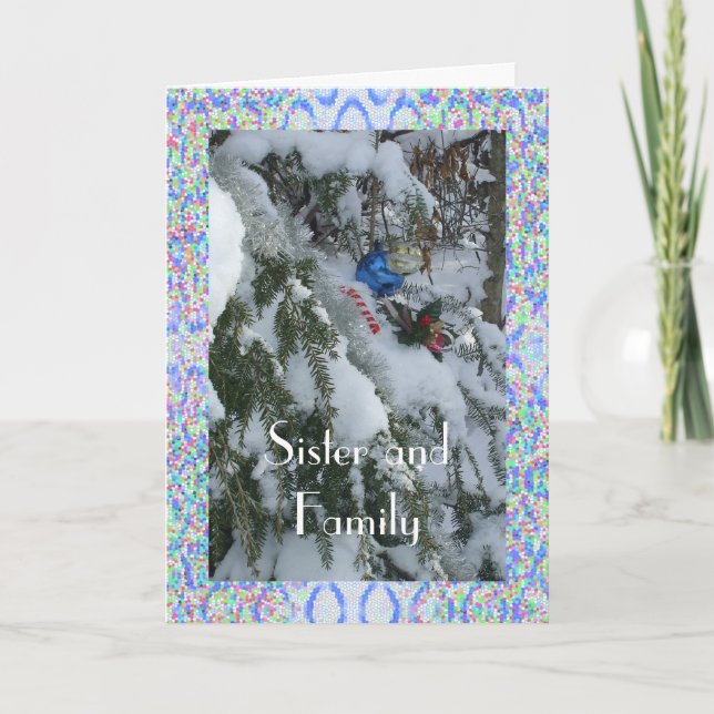 Sister and Family-Decorated Tree Outside Framed Holiday Card (Front)