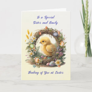 Sister and Family Easter Chick in Grapevine Wreath Card