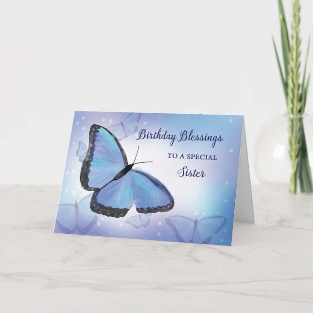 Sister Birthday Blessings Religious Butterfly Blue Card (Front)