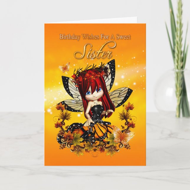 sister birthday card - birthday autumn color fairy (Front)