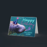Sister Birthday Cute Manatee at Party Card<br><div class="desc">Birthday greeting card for a sister features the head and snout of a manatee wearing a birthday party hat and blowing a party noise maker. Customize the lower text on the cover as you like. Art, image, and verse copyright © Shoaff Ballanger Studios, 2024.</div>