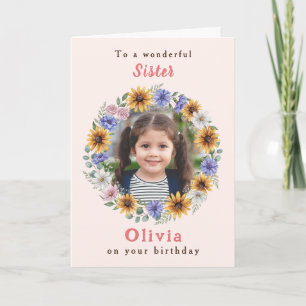 Sister Birthday Floral Pink Custom Photo Card