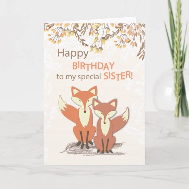 Sister Birthday Foxes, Leaves on Branches Card (Front)