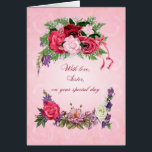Sister Birthday Gorgeous Roses<br><div class="desc">This birthday card for a sister has beautiful roses in full bloom. The pink background has pale pink roses showing through. A gorgeous, traditional birthday card that will give real joy.</div>