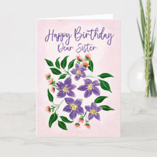 Sister Birthday Painterly Purple Flowers and Pink Thank You Card