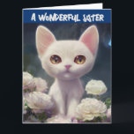 SISTER BIRTHDAY WHITE CAT Card Cards<br><div class="desc">SWEET CUTE BIG EYED WHITE KITTY BIRTHDAY CARD FOR SISTER</div>