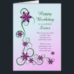 Sister Birthday with Scrolls and Flowers<br><div class="desc">An elegant and beautiful birthday card. A perfect card to give to your sister. Purple flowers and glittery scrolls make a very special birthday card.</div>