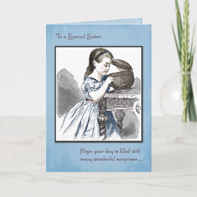 Sister Birthday with Vintage Girl Opening Basket Card (Front)