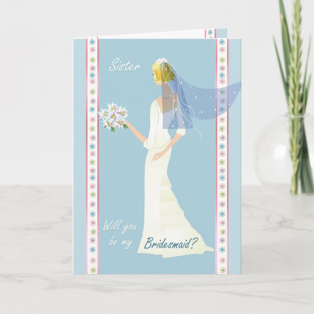 Sister, Bridesmaid, white dress on blue Card (Front)