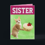 SISTER CAT BIRTHDAY CAKE BIG GREETING CARD<br><div class="desc">SISTER CUTE CAT WITH BIRTHDAY CAKE CARD. INSIDE READS: HOPE YOUR BIRTHDAY IS MEOWVELOUS</div>