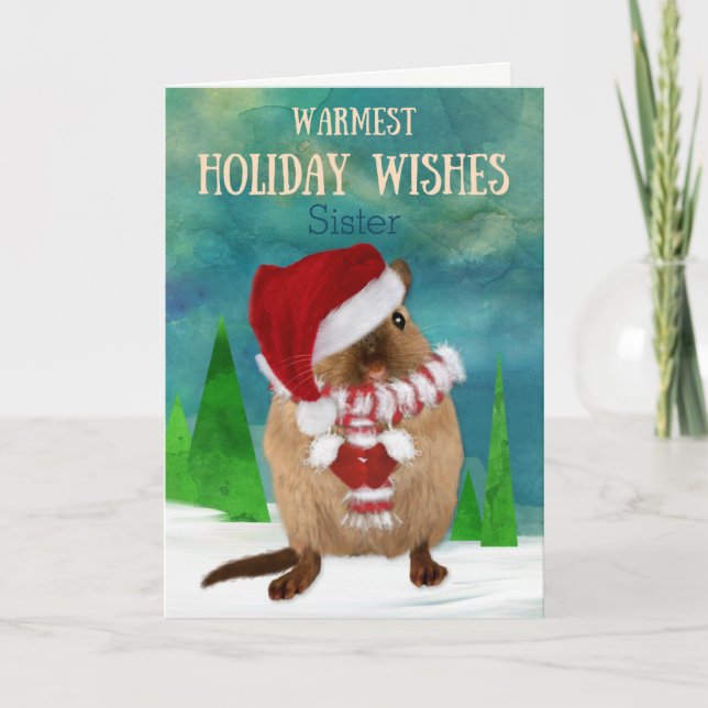 Sister Christmas Gerbil Santa Hat in Winter Scene Holiday Card (Front)